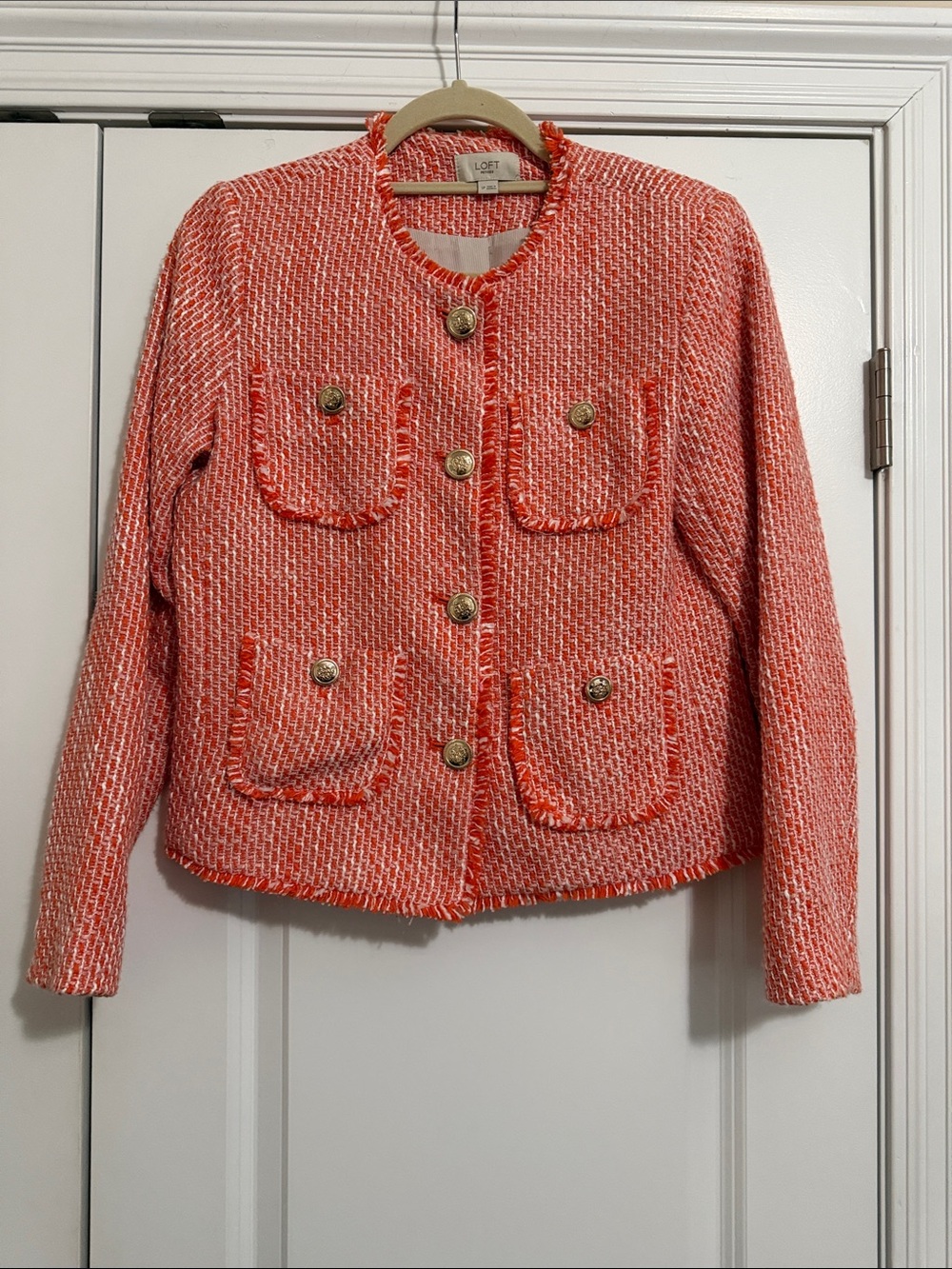 LOFT Coral-White Tweed Button-Front Pocket Jacket